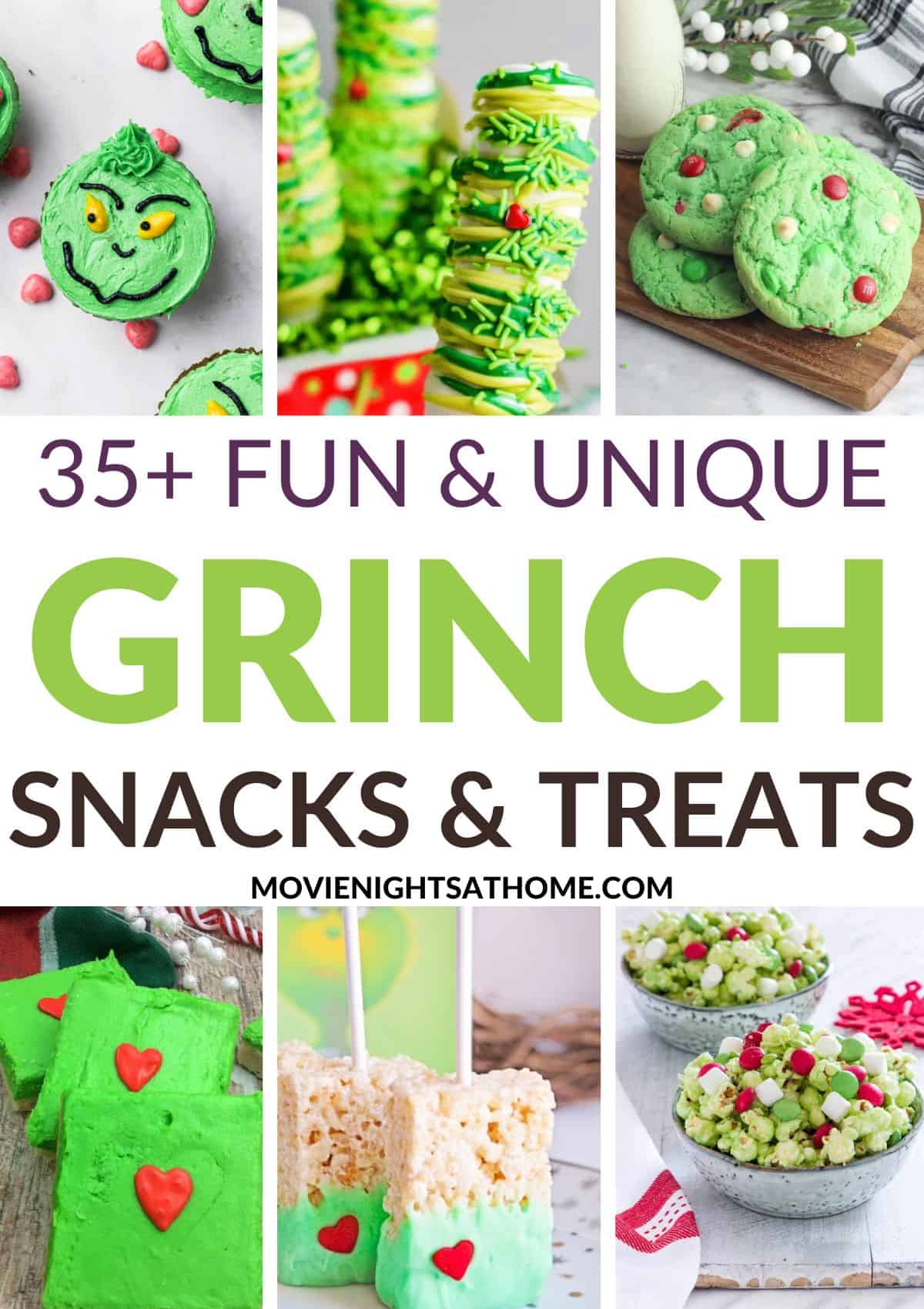 collage of 6 of the Grinch Snack Ideas including cupcakes, marshmallow pops, cookies, cookie bars, rice krispies, and popcorn