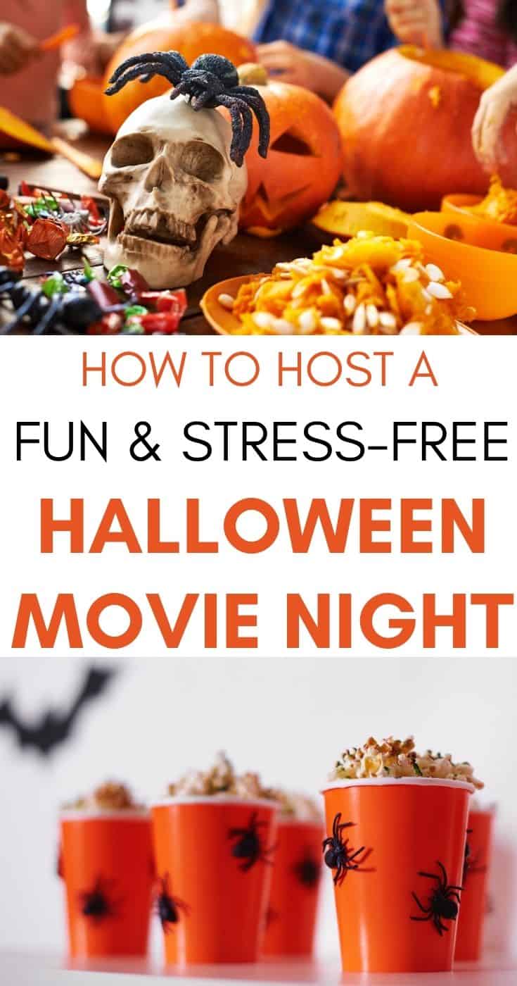 collage of halloween movie night decor and food