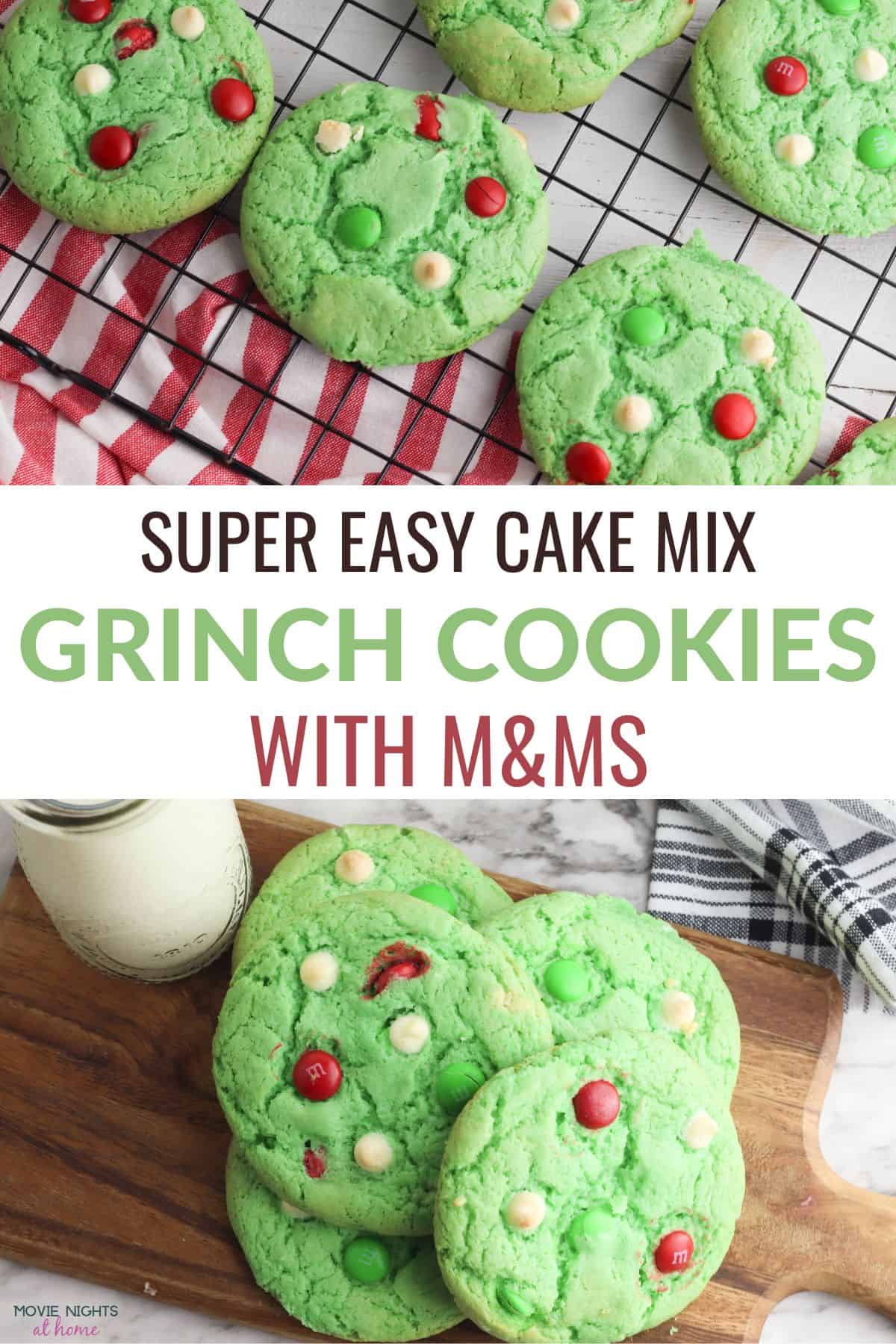 a college of several Easy Grinch Cookies with M&Ms