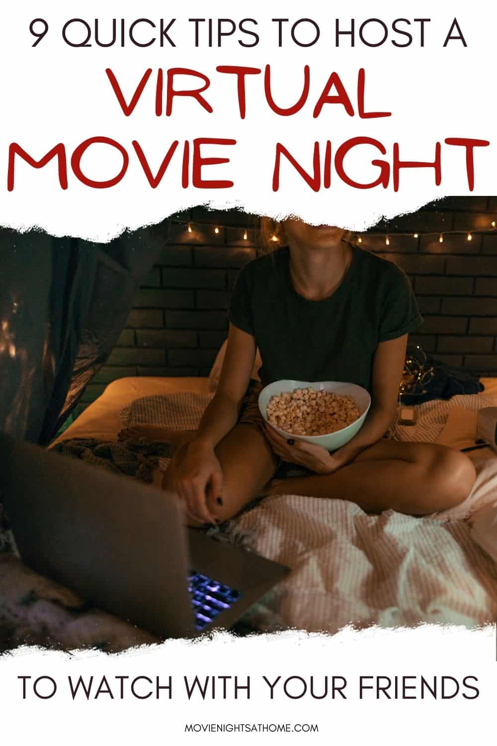 woman hosting a virtual movie night with friends watching on her laptop with popcorn