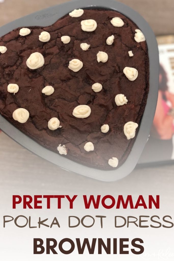 a heart shaped pan with iced polka dot Pretty Woman brownies on top of the DVD