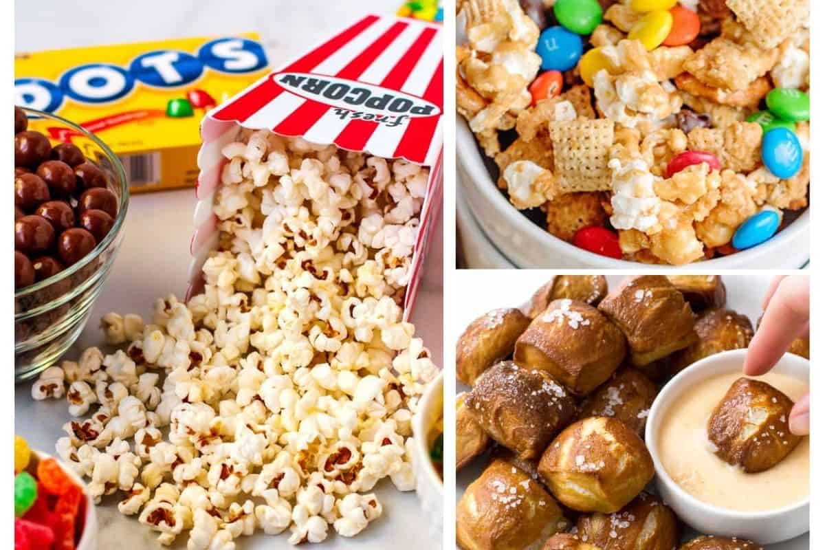 collage of movie night snack ideas