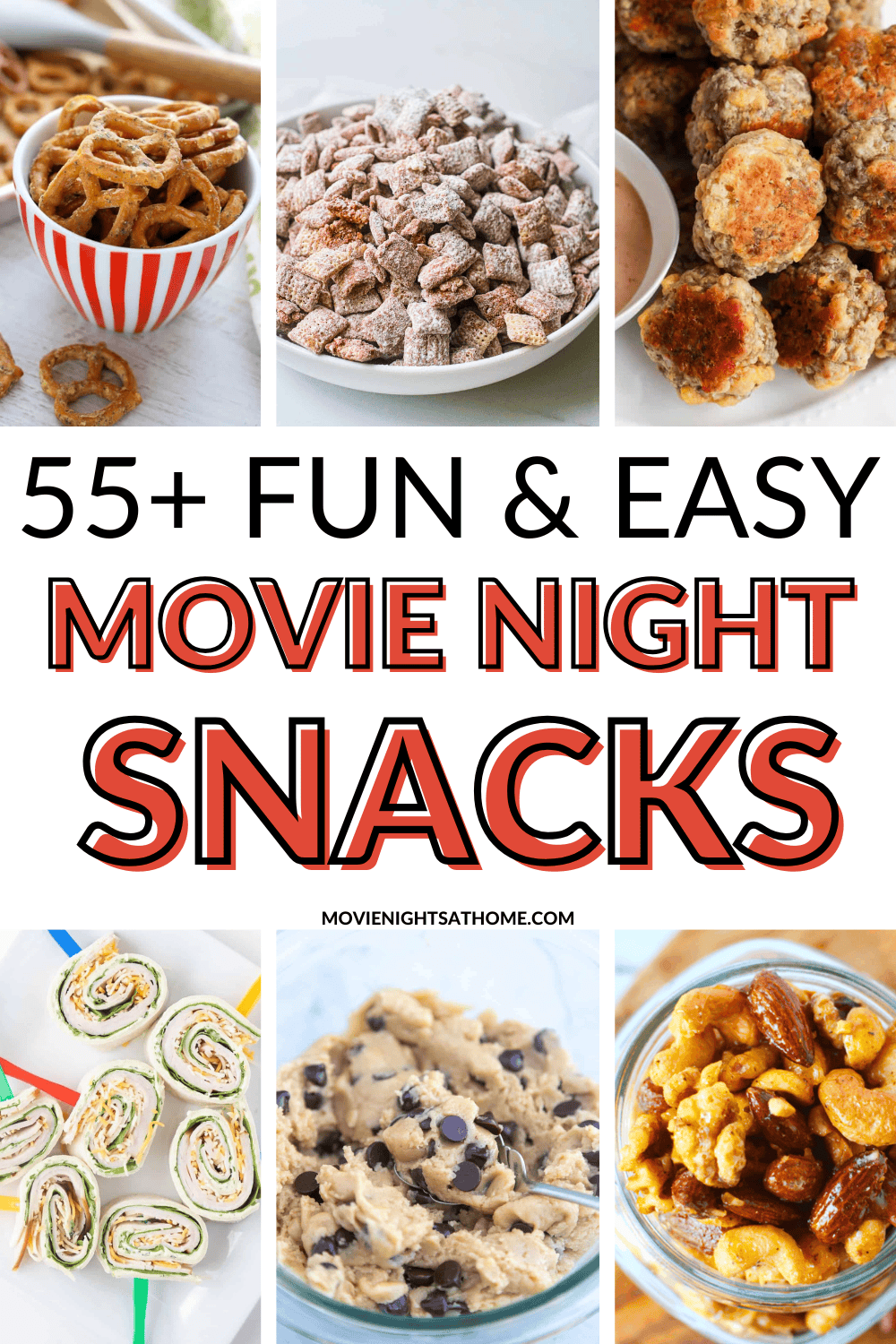 55 fun and easy movie night snacks collage of 6 of the snacks