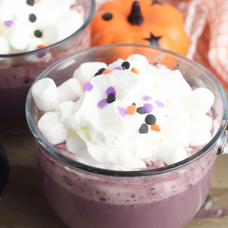 halloweentown witch brew hot chocolate with whipped cream and sprinkles