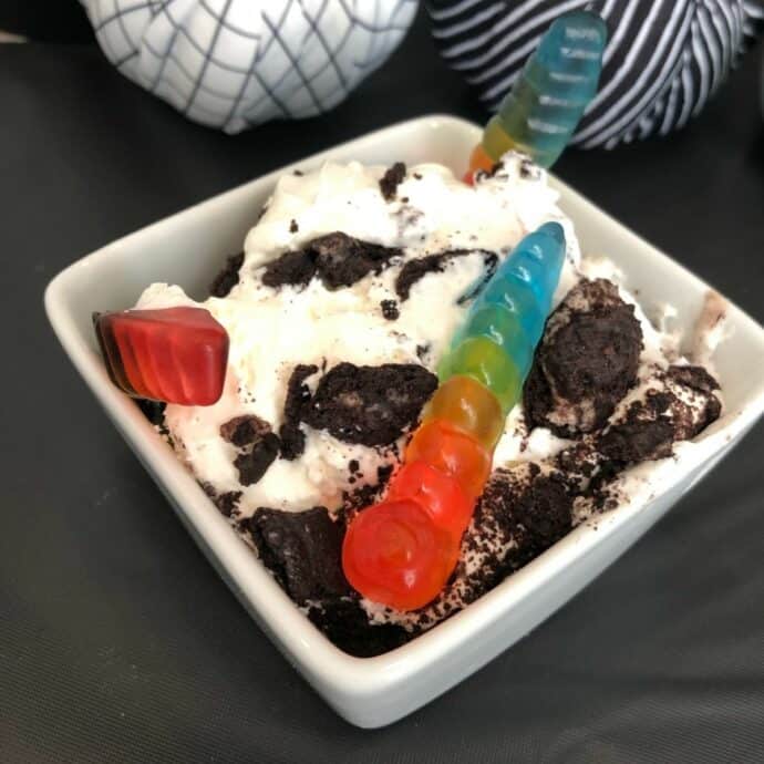 dirt pie with gummy worms on top