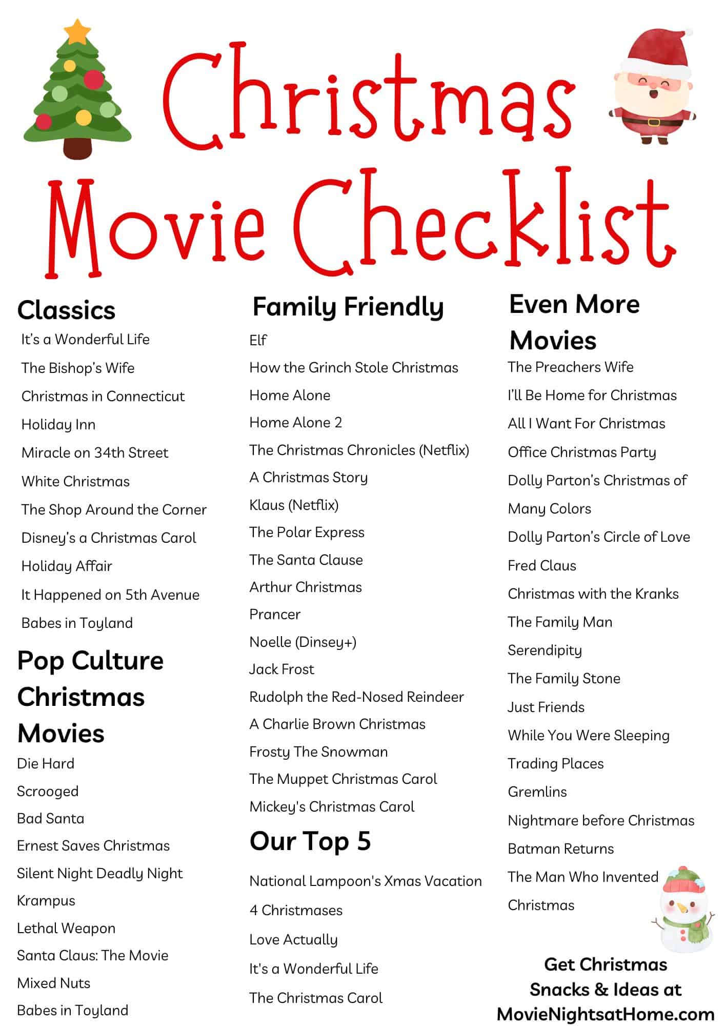 Christmas movies checklist printable