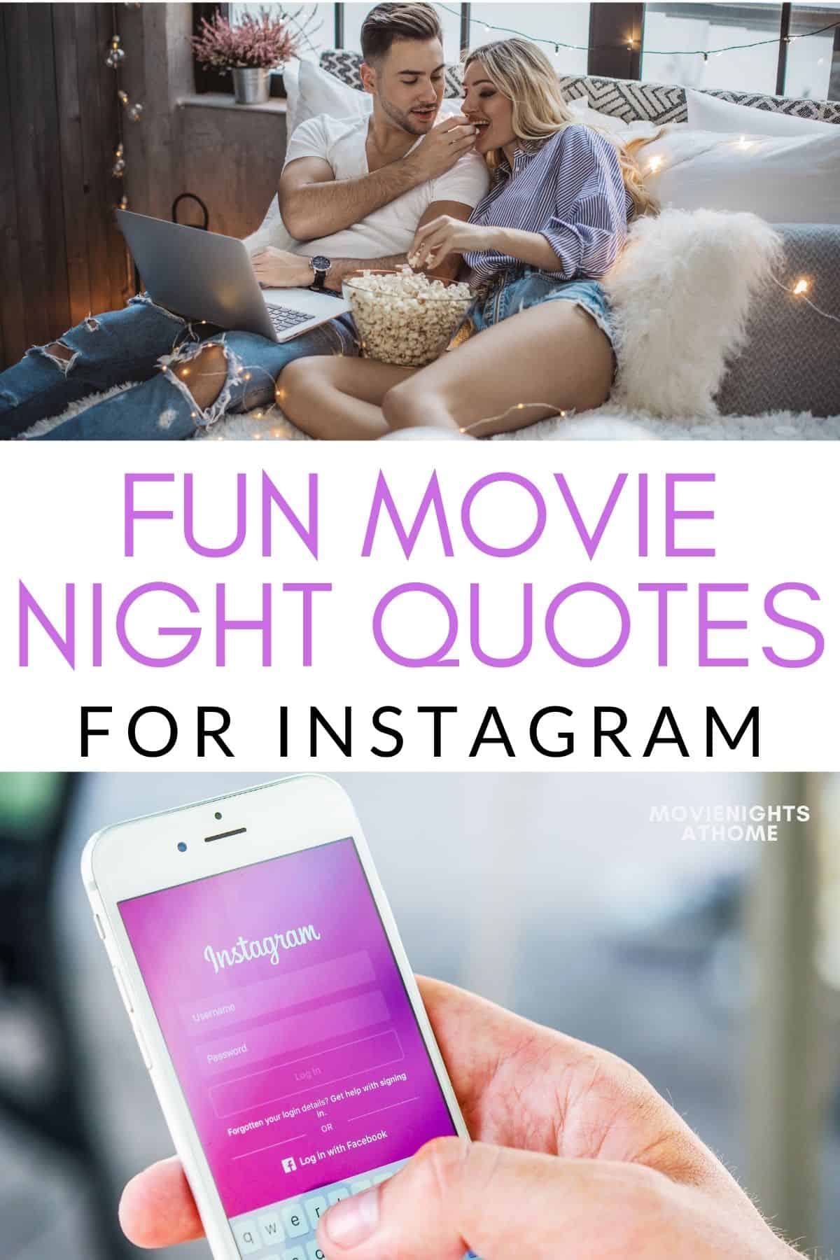 couple sitting on the couch, cuddling. Text overlay "Fun movie night quotes for Instagram"