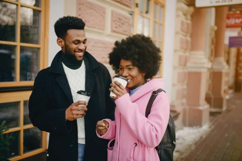 african american couple drinking coffee