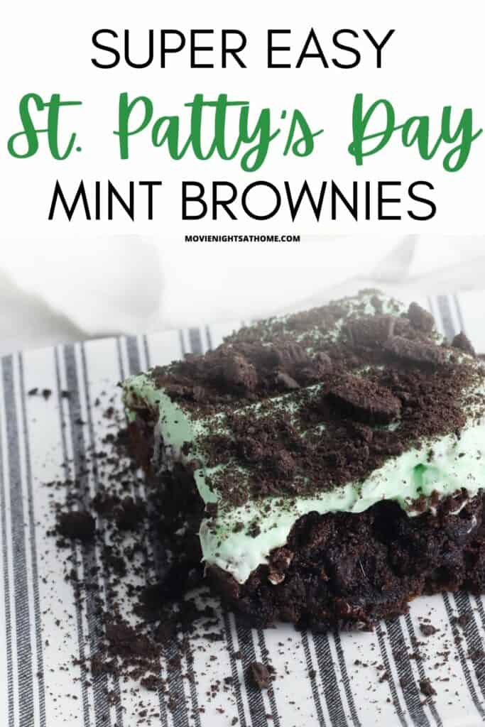 A close up of a brownie with the words "St. Patty's Day Brownies" over it
