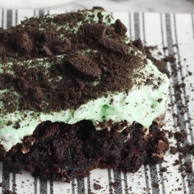 closed up of the st paddy's day brownies on a black and white plate