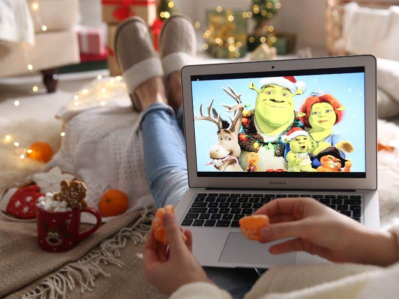 watching a shrek special on a laptop at Christmas
