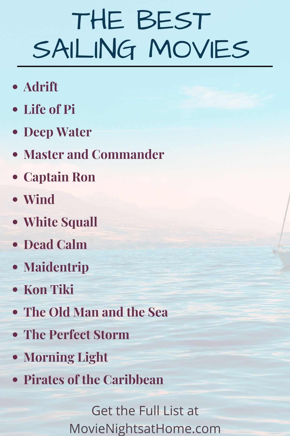 list of the best sailing movies on a backdrop of an ocean sunset