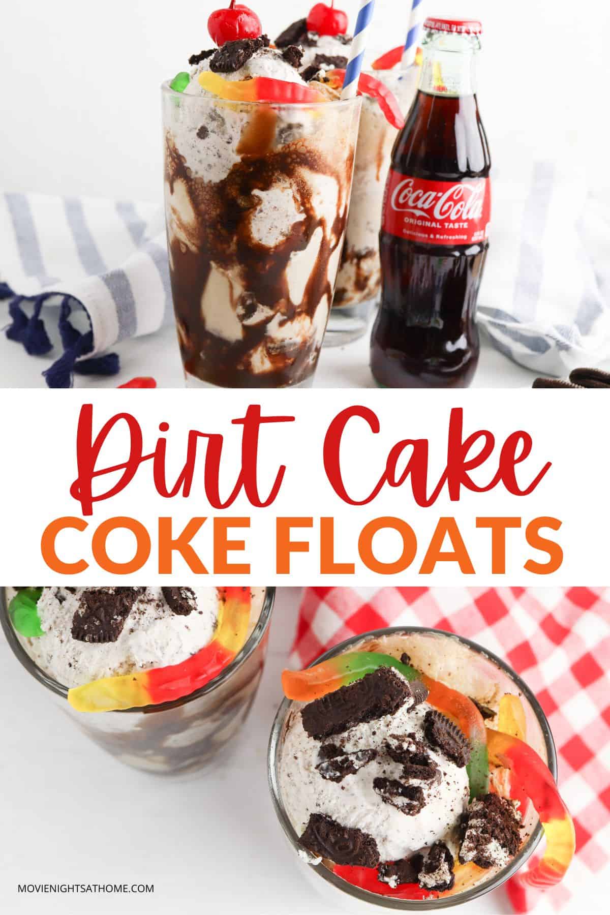 collage of the float - text overlay dirt cake coke floats