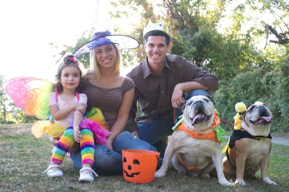 halloween family of 3 outside with 2 dogs