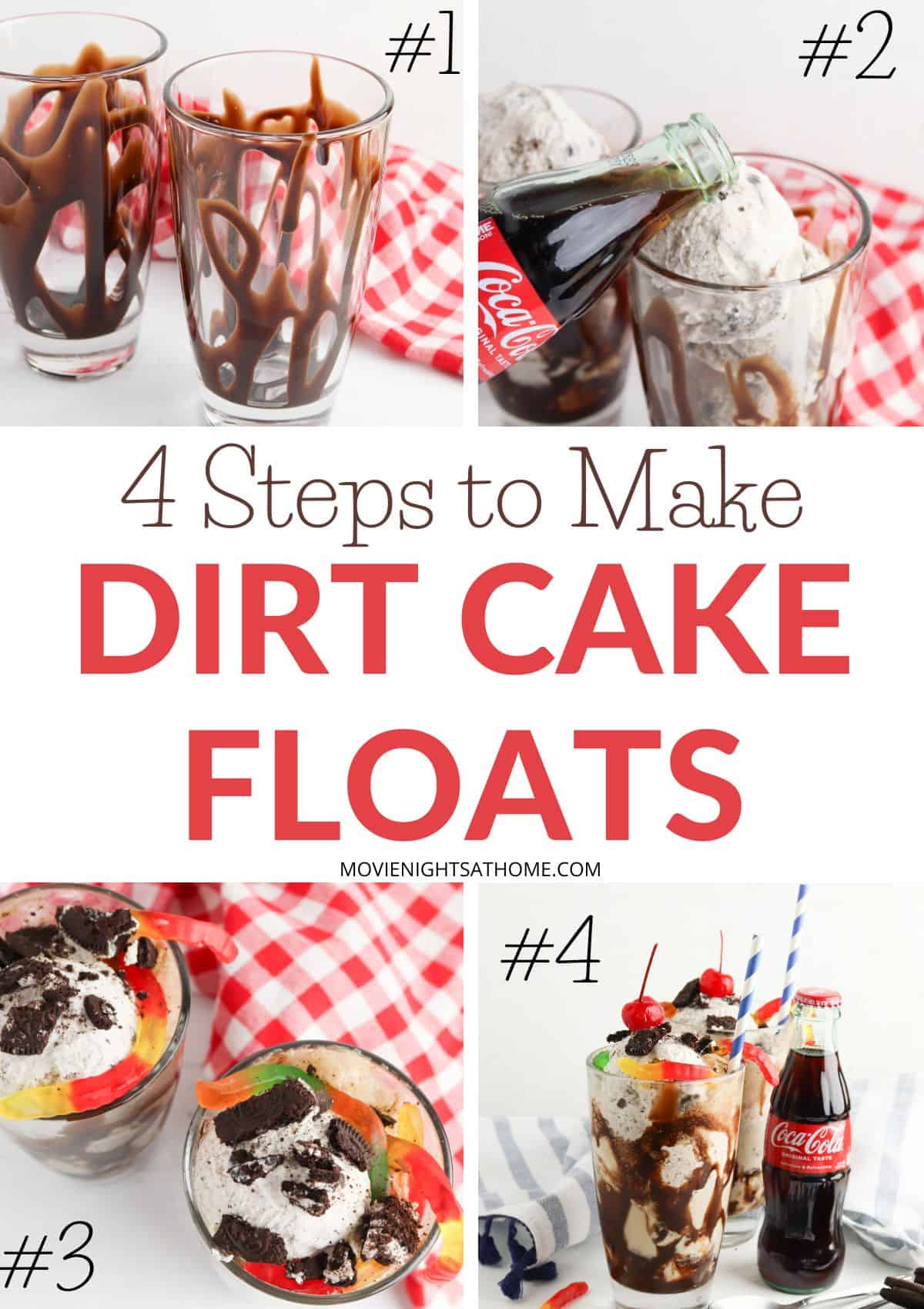 4 steps to make dirt cake floats - collage of the 4 steps