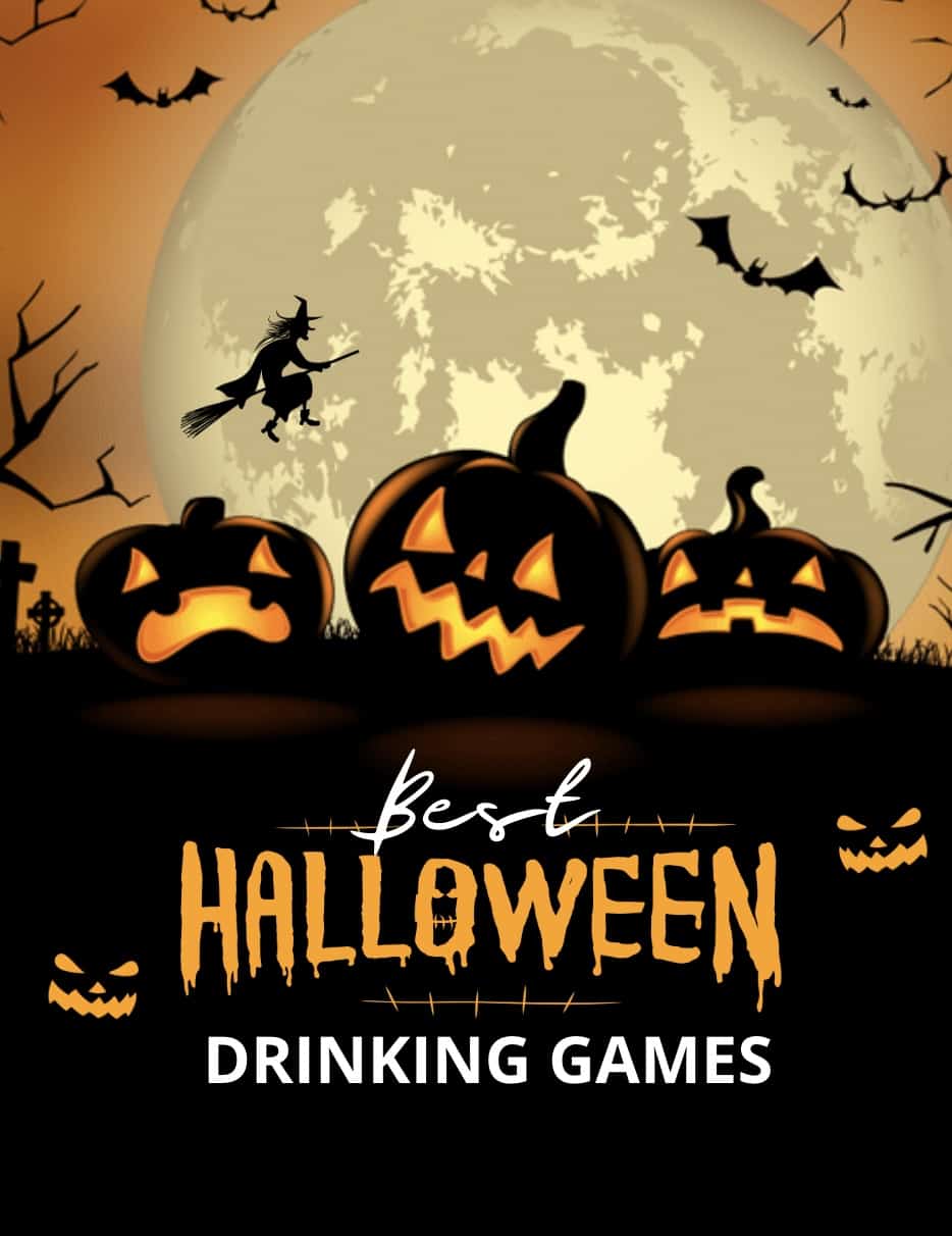 multiple drawn jack-o-laterns with the words best halloween drinking games under them