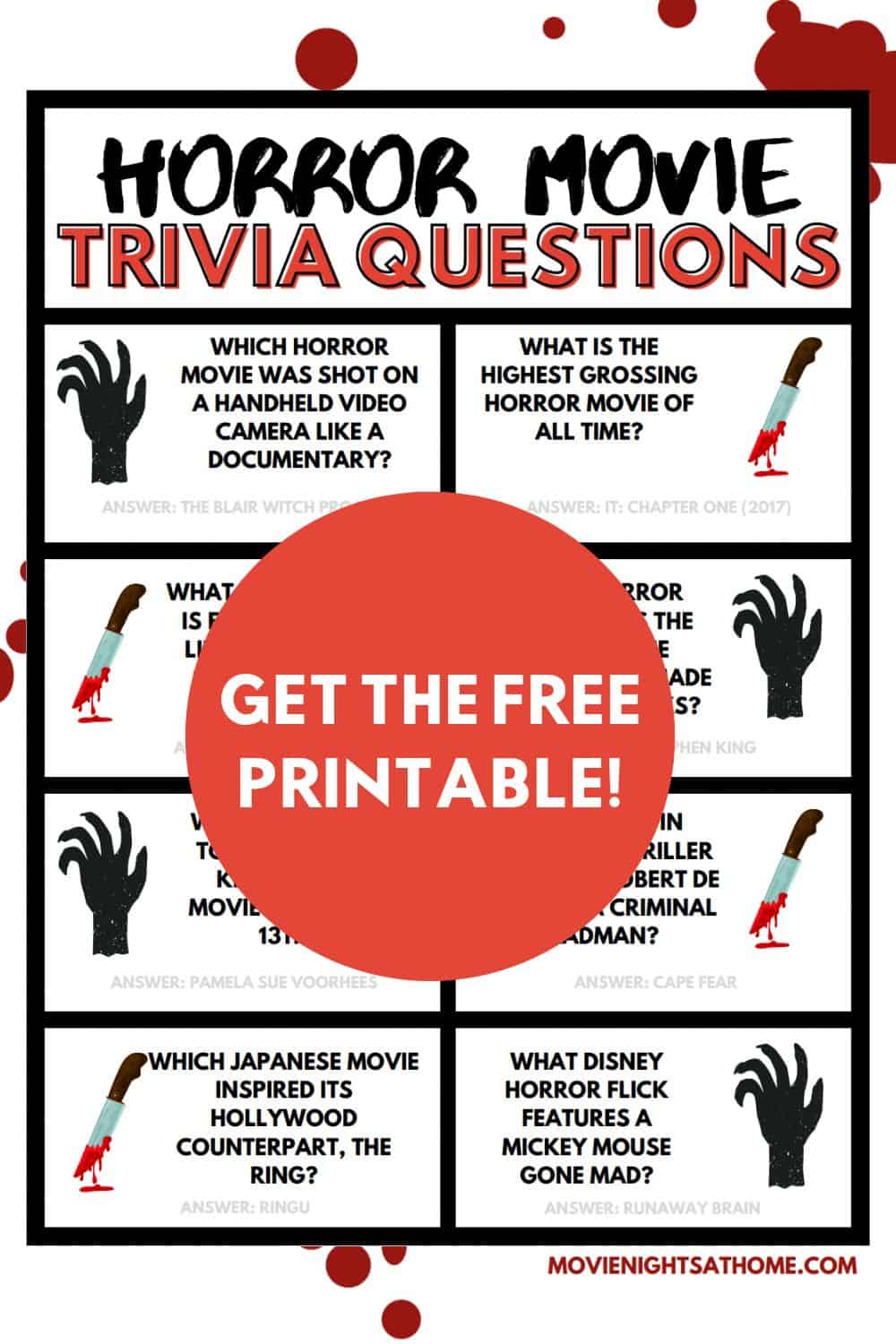 page 1 of the horror movie trivia questions and answers printable with text overlay get the free printable
