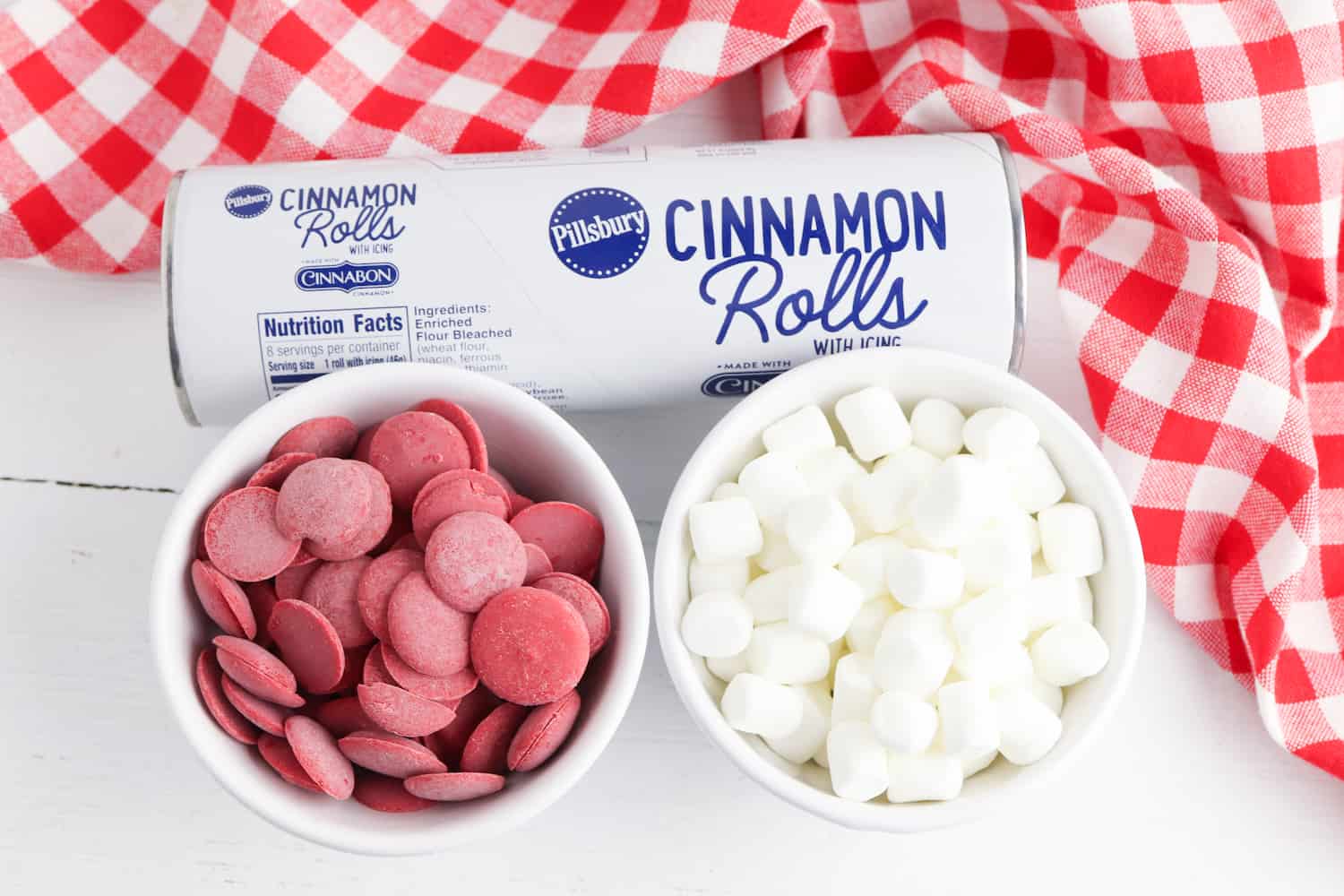 cinnamon rolls, red candy melts, and mini marshmallows