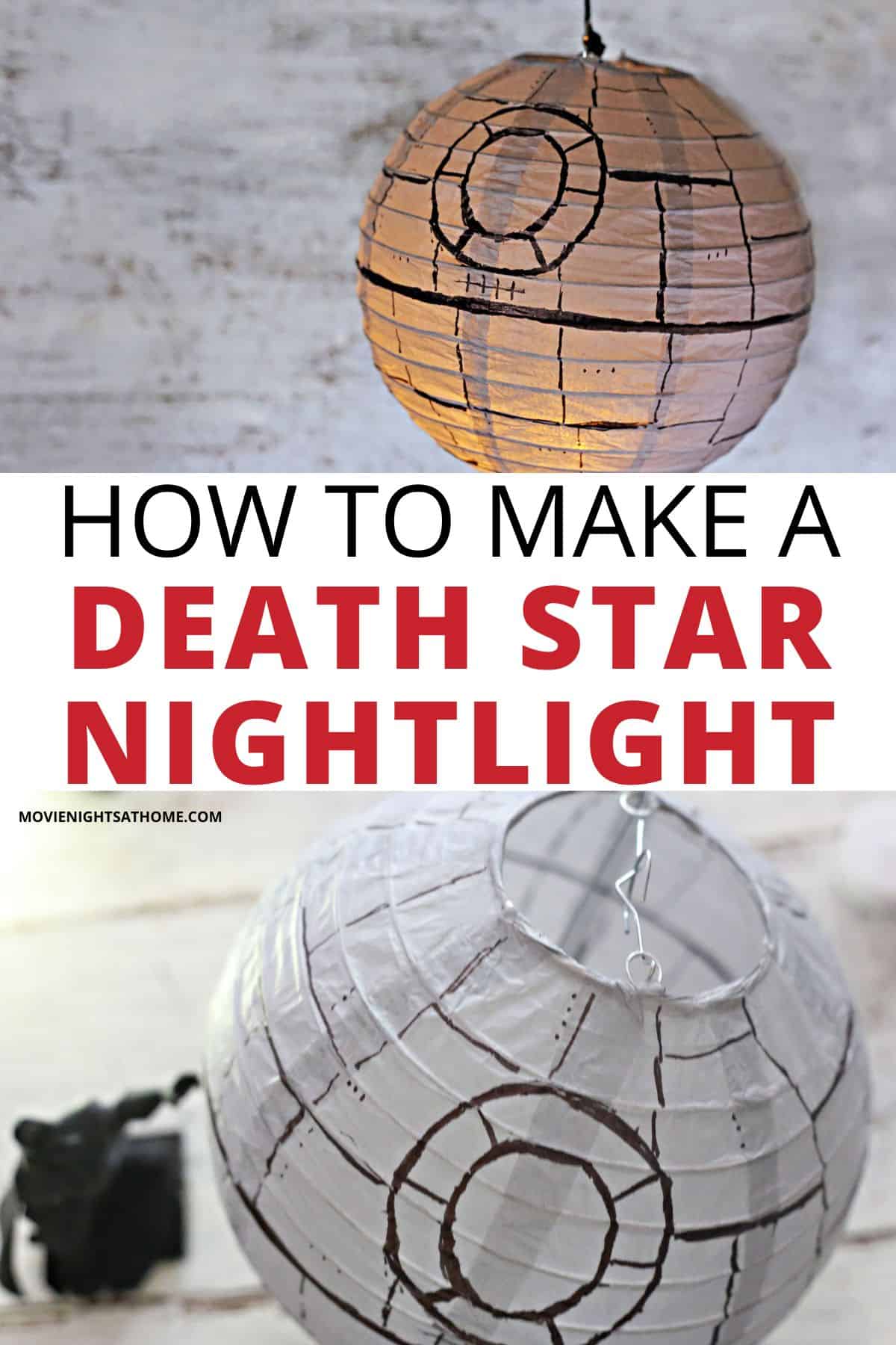 collage of the diy star wars craft lantern - text overlay says how to make a death star nightlight