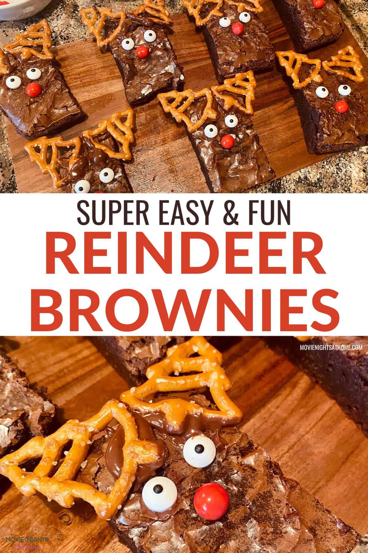 collage of super easy and fun reindeer brownie craft -- 7 brownies on top and 1 close up of the reindeer brownie on the bottom