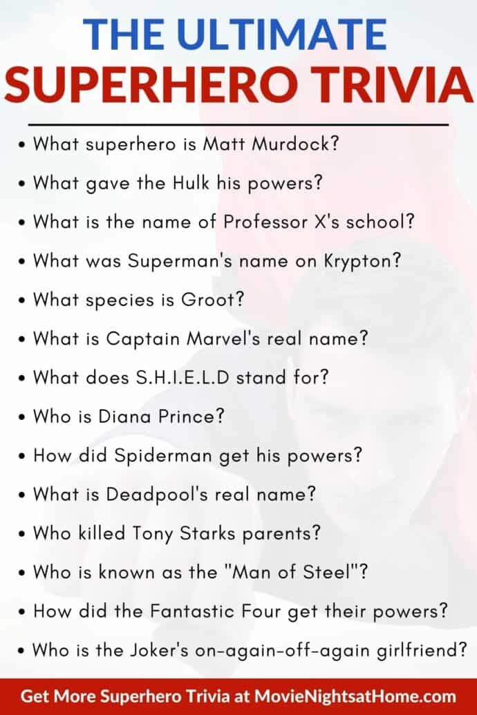 The Ultimate Superhero Trivia with questions listed below the header of the infographic