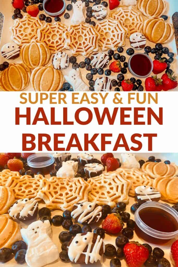 Halloween Breakfast Board collage - text overlay in the middle of the image says super easy and fun halloween breakfast