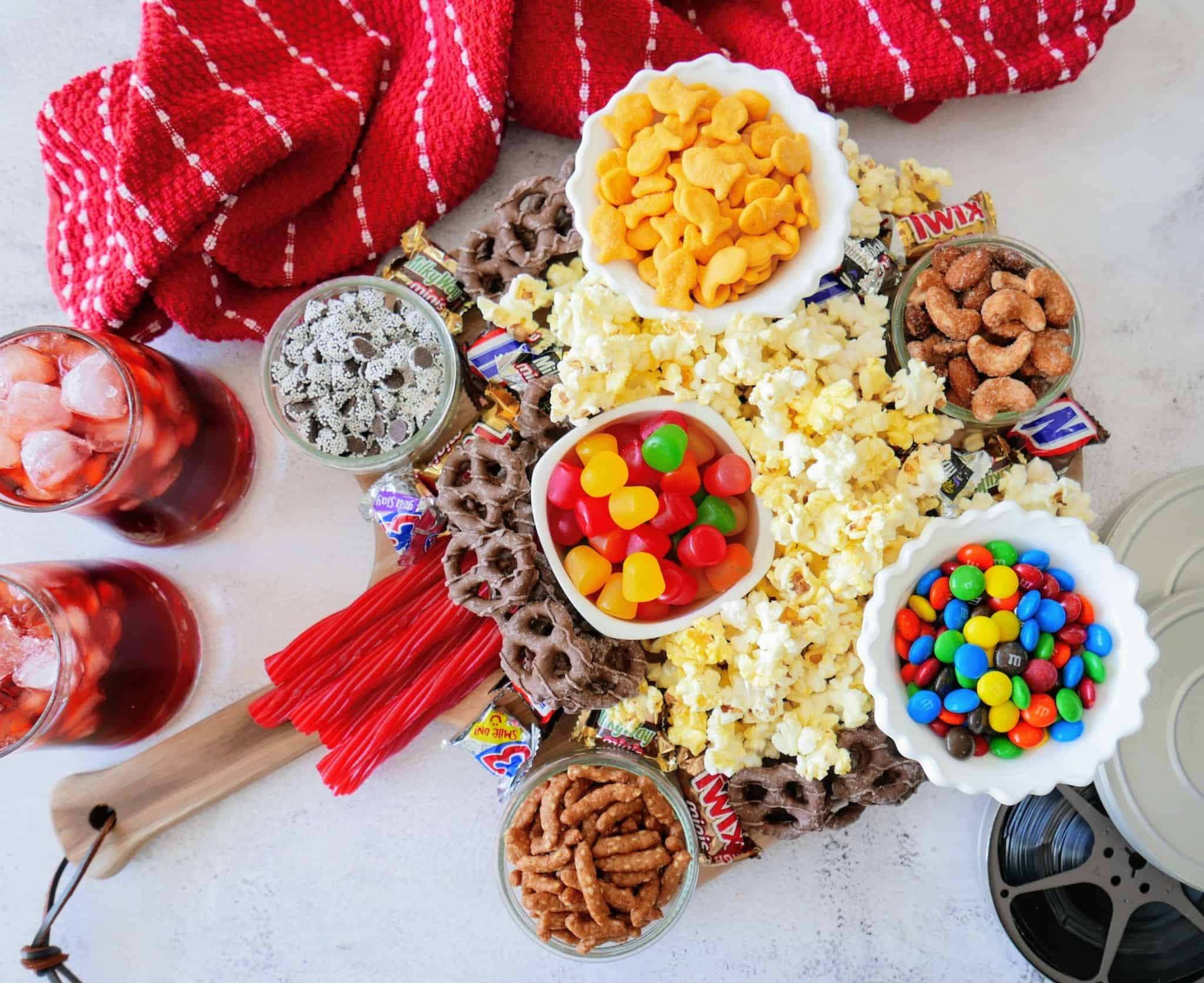 colorful candy charcuterie board for a movie night at home