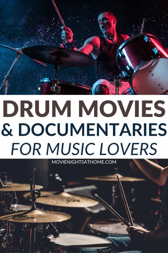collage of a drummer and a close up of a set of drums -text in the middle says drum movies and documentaries for music lovers