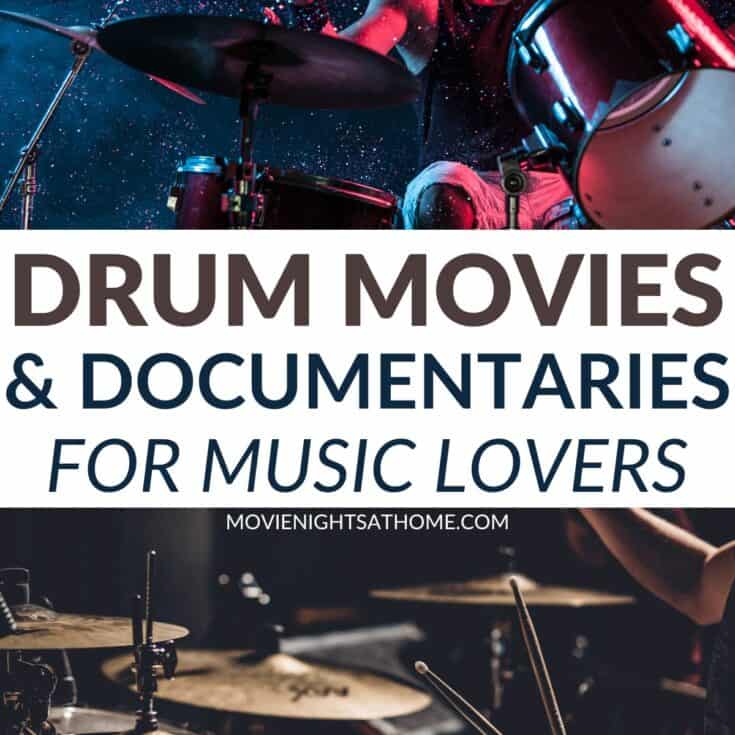 collage of a drummer and a close up of a set of drums -text in the middle says drum movies and documentaries for music lovers